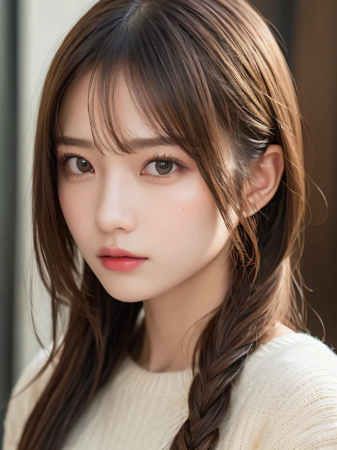 (masterpiece:1.3), (8K, Photorealistic, Raw photo, Best image quality: 1.4), 20-year-old girl、(Random Hairstyles:1.2)、Super detailed face、Attention to detail、double eyelid、Sharp focus:1.2、Beautiful woman:1.4、Light brown hair、ponytail、Natural color lip、Highest quality、masterpiece、Ultra-high resolution、(Photorealistic:1.4)、Highly detailed and professional lighting、Wear a red sweater、thin、Serious expression、Clear Skin、Random pose、Shiny Hair、Sculpture model pose、
