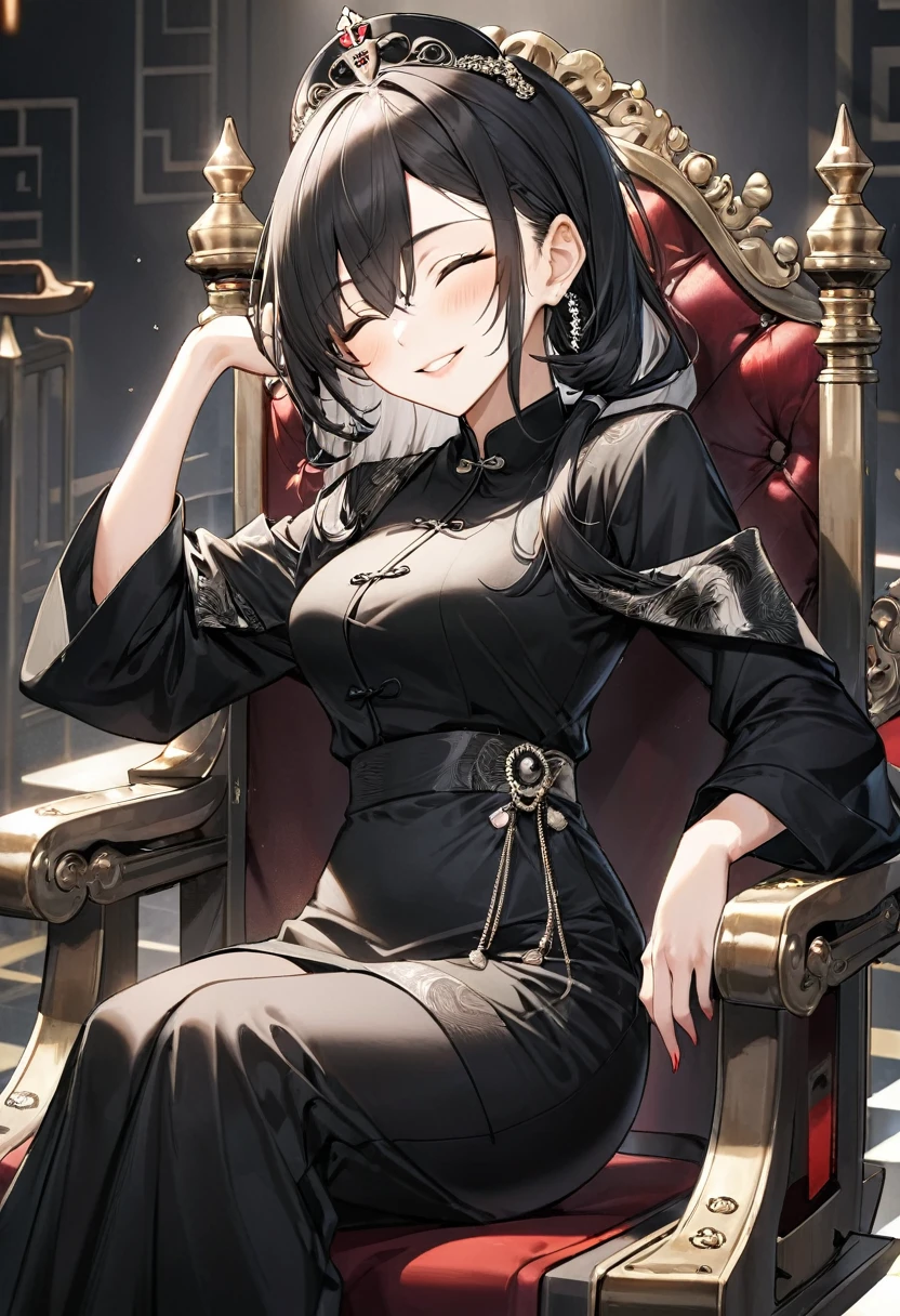 Chinese、Mafia Female Boss、Both eyes closed、Black Chinese clothing、Late 30s、glamorous、Sitting on the throne、Smiling