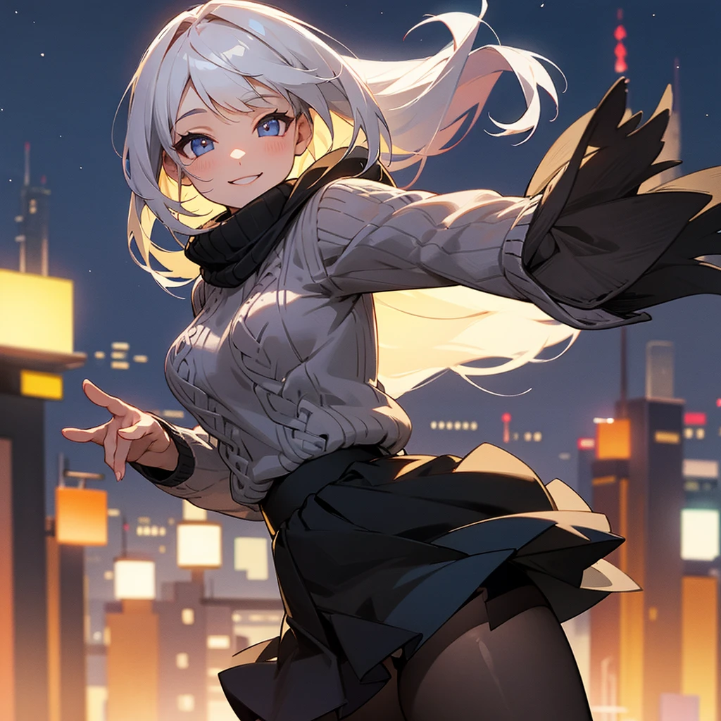 Knitted sweater,skirt,black tights,smile,Night in the city