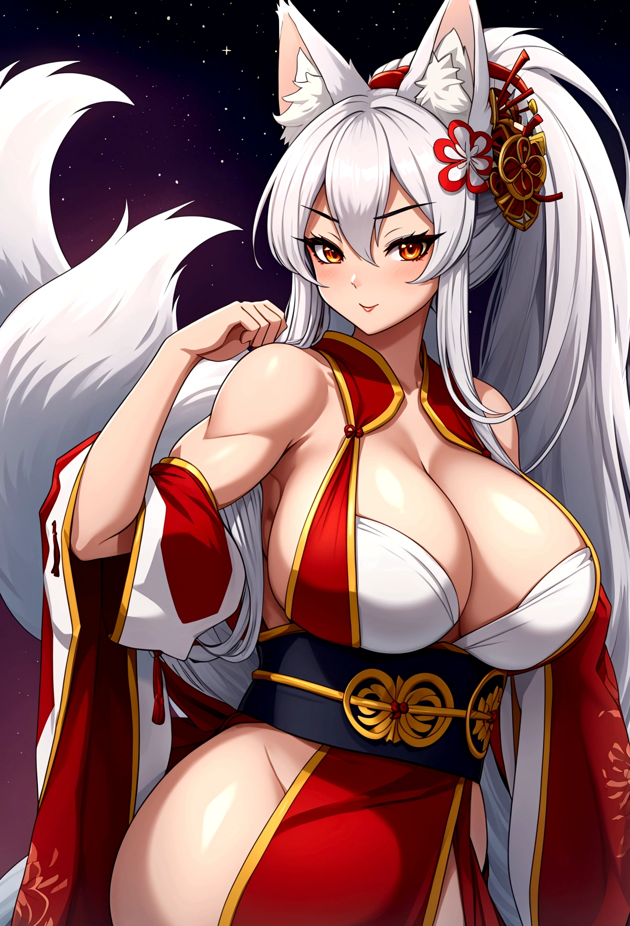 Fox girl extreme muscular body, geisha outfit, fair skin, fox ears, 9 fluffy fox tails and gigantic breasts.