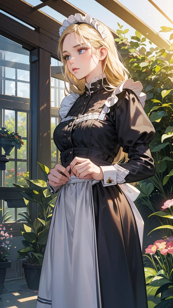 ((Floral Style)), (Advent), (One girl), (((alone))), (Realistic:1.5), Particles of light, light, Victorian, (Best illustrations), photoRealistic, Octane Rendering, 8K, Neon Light, Flying Car, Detailed face, Fine grain, ((Maid)), Maid headband, Long braids, Very long hair, Blonde, blue eyes, (Sharp eyeliner, eye shadow, Fine grain:1.1), (Urzan-6500), Model pose, (Are standing), (Outdoor), noon, Public place, indoor, (Greenhouse in the background), Blake G36  