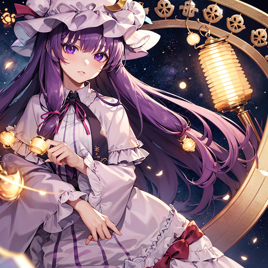 holding amethyst, glow,
1 girl,purple hair,purple eyes,long hair, Mob hat,Crescent hat ornament, ribbon,set,