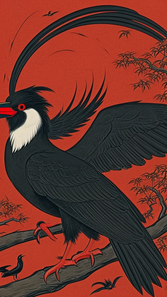 Create an illustration of a Tengu, a Japanese yokai. The Tengu should have a long nose, red face, and be dressed in traditional Japanese warrior attire, with large, black crow wings. The background should depict a mountainous forest.