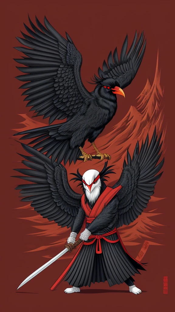 Create an illustration of a Tengu, a Japanese yokai. The Tengu should have a long nose, red face, and be dressed in traditional Japanese warrior attire, with large, black crow wings. The background should depict a mountainous forest.