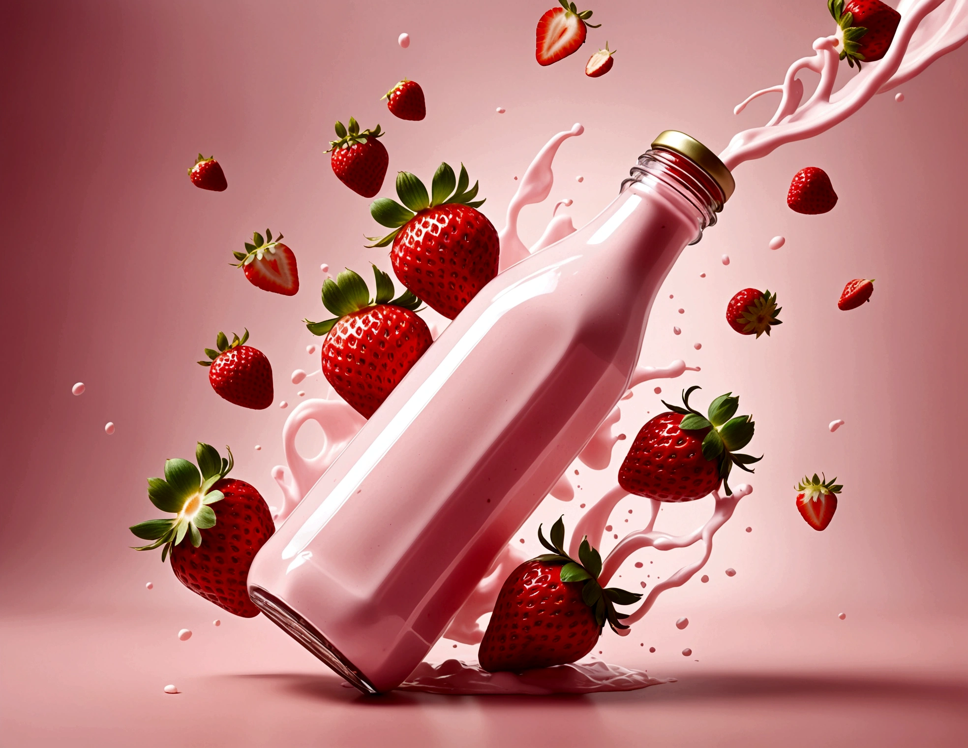 strawberry milk bottle, strawberries flying around. design