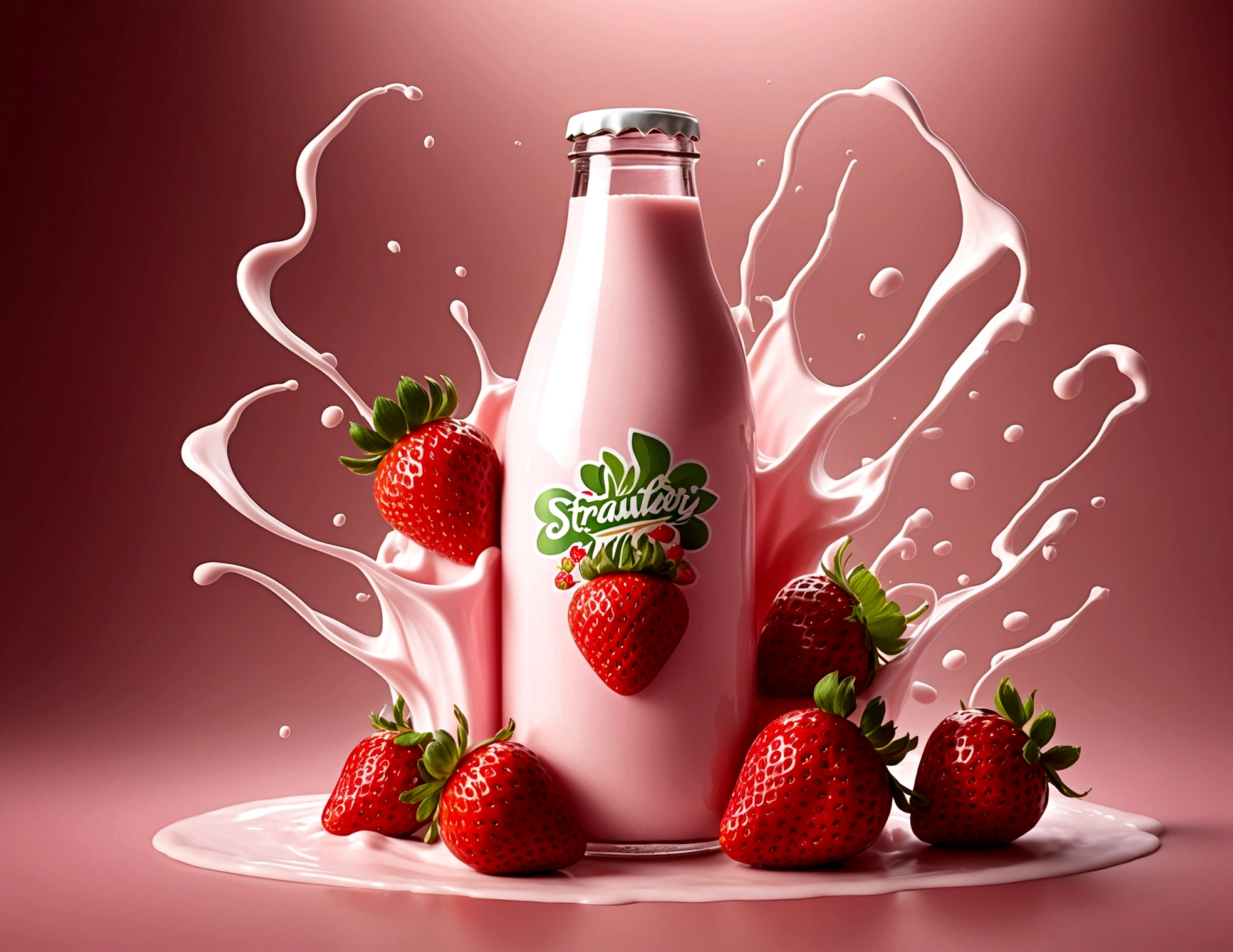 strawberry milk bottle, strawberries flying around. design