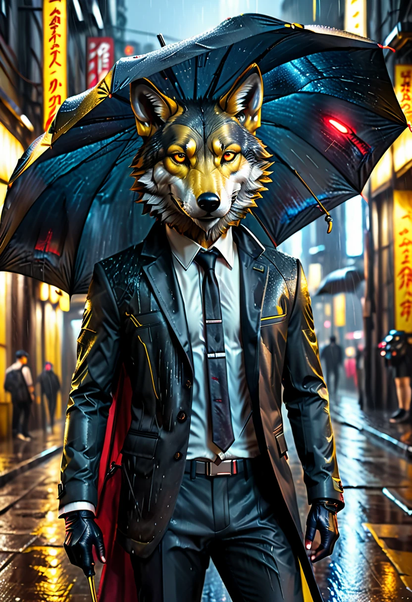 high details, best quality, 16k, RAW, [best detailed], masterpiece, best quality, (extremely detailed), full body, photorealistic, a picture of anthomprh wolf holding an umbrella in cyberpunk street at the rain at night, an epic anthomorph wolf with dynamoc color fur, red glowing eyes, howling to the moon at night, he wears an elegant suit and tie, dark pants, dynamic elegant pants, he is (holding a yellow umbrella: 1.3) , in a dark cyberpunk street at night there is a full moon, it is raining, (highest quality:1.2, Very detailed, up to date, Vibrant, Ultra-high resolution, High Contrast, masterpiece:1.2, highest quality, Best aesthetics), best details, best quality, highres, dynamic angle, 16k, [ultra detailed], masterpiece, best quality, (extremely detailed: 1.5), Intense gaze, xh, hand holding umbrella