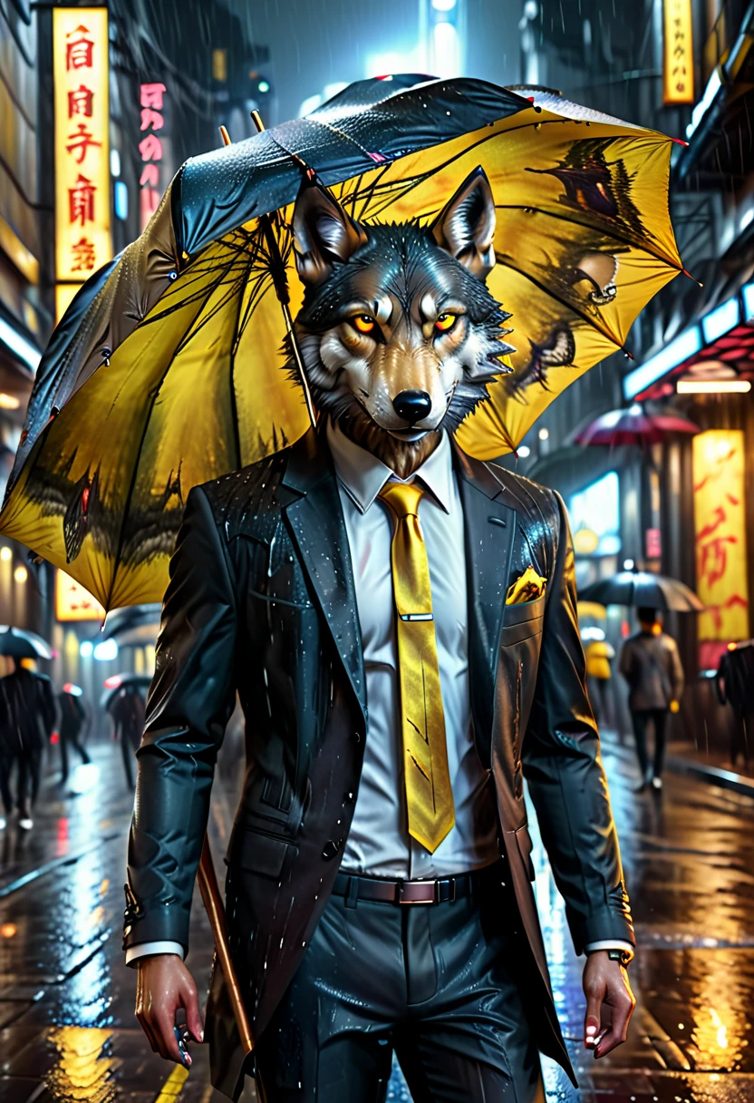 high details, best quality, 16k, RAW, [best detailed], masterpiece, best quality, (extremely detailed), full body, photorealistic, a picture of anthomprh wolf holding an umbrella in cyberpunk street at the rain at night, an epic anthomorph wolf with dynamoc color fur, red glowing eyes, howling to the moon at night, he wears an elegant suit and tie, dark pants, dynamic elegant pants, he is (holding a yellow umbrella: 1.3) , in a dark cyberpunk street at night there is a full moon, it is raining, (highest quality:1.2, Very detailed, up to date, Vibrant, Ultra-high resolution, High Contrast, masterpiece:1.2, highest quality, Best aesthetics), best details, best quality, highres, dynamic angle, 16k, [ultra detailed], masterpiece, best quality, (extremely detailed: 1.5), Intense gaze, xh, hand holding umbrella