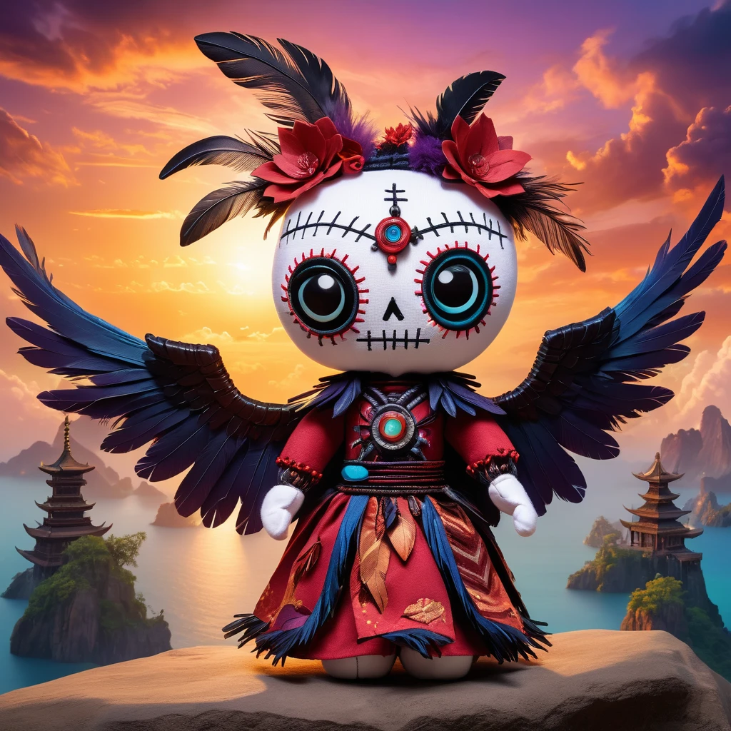 (knitted toy voodoo doll:1.7), (Voodoo Winged Sorcerer:1.3), (Clothing: flowing robe with feather patterns, bird-like armor:1.0), (Accessories: staff with a glowing crystal, enchanted feathers, bird-shaped mask:1.2), (background: ancient temple in the sky with floating islands and magical birds, sunset sky with clouds:1.2), best quality, masterpiece, detailed soft oil painting, detailed background, dramatic cinematic lighting, soft edge lighting, professional, dramatic lighting, hard edge lighting, ultra quality, 4k,masterpiece, best quality, 8k, ultra highres, highres, extremely detailed