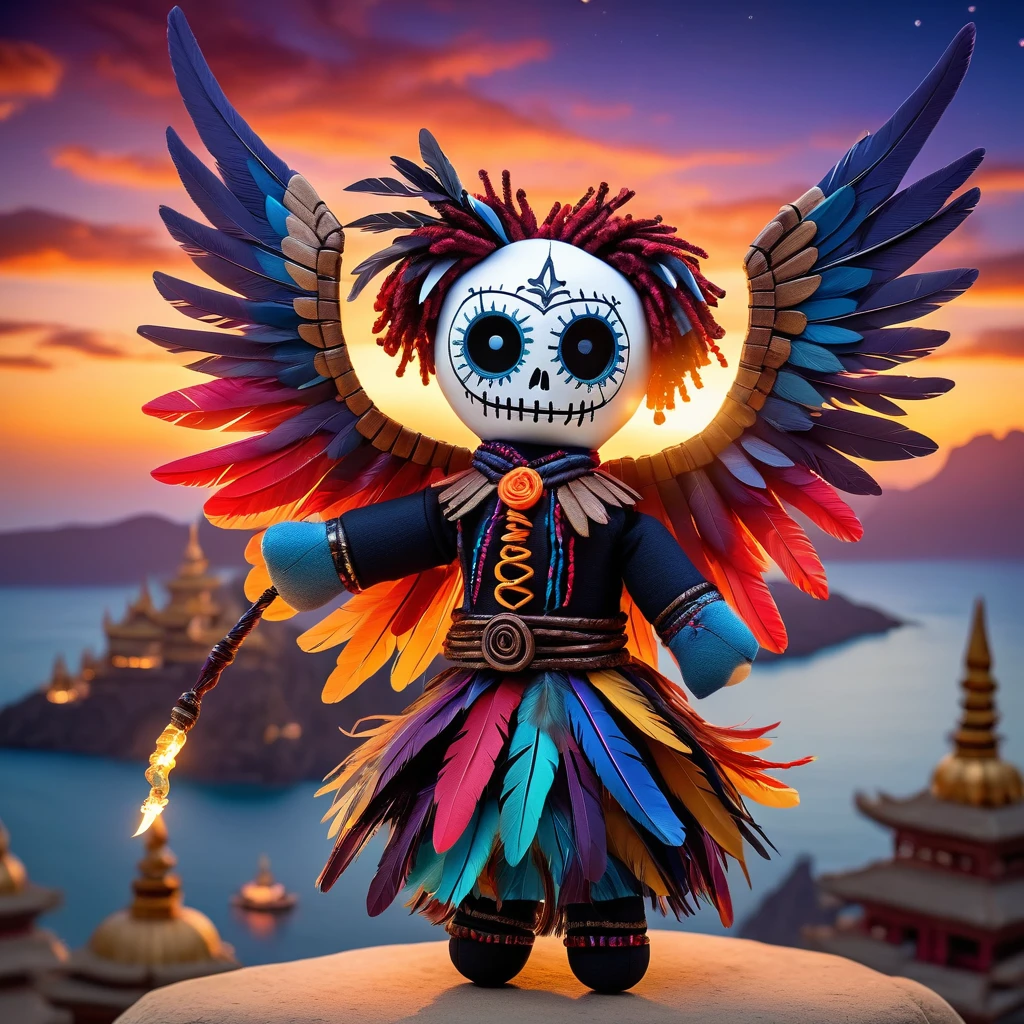 (knitted toy voodoo doll:1.7), (Voodoo Winged Sorcerer:1.3), (Clothing: flowing robe with feather patterns, bird-like armor:1.0), (Accessories: staff with a glowing crystal, enchanted feathers, bird-shaped mask:1.2), (background: ancient temple in the sky with floating islands and magical birds, sunset sky with clouds:1.2), best quality, masterpiece, detailed soft oil painting, detailed background, dramatic cinematic lighting, soft edge lighting, professional, dramatic lighting, hard edge lighting, ultra quality, 4k,masterpiece, best quality, 8k, ultra highres, highres, extremely detailed