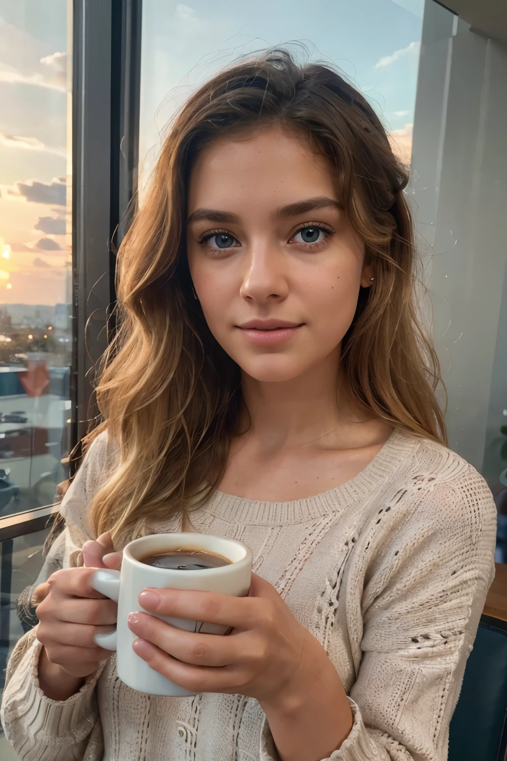 beautiful blonde wearing pink sweater (sipping coffee inside a modern café at sunset), very detailed, 21 years old, innocent face, natural wavy hair, blue eyes, high resolution, masterpiece, best quality, intricate details, highly detailed, sharp focus, detailed skin, realistic skin texture, texture, detailed eyes, professional, 4k, charming smile, shot on Canon, 85mm, shallow depth of field,  kodak vision color, perfect fit body, extremely detailed, foto_\(ultra\), photorealistic, realistic, post-processing, maximum detail, roughness, real life, ultra realistic, photorealism, photography, 8k uhd, photography