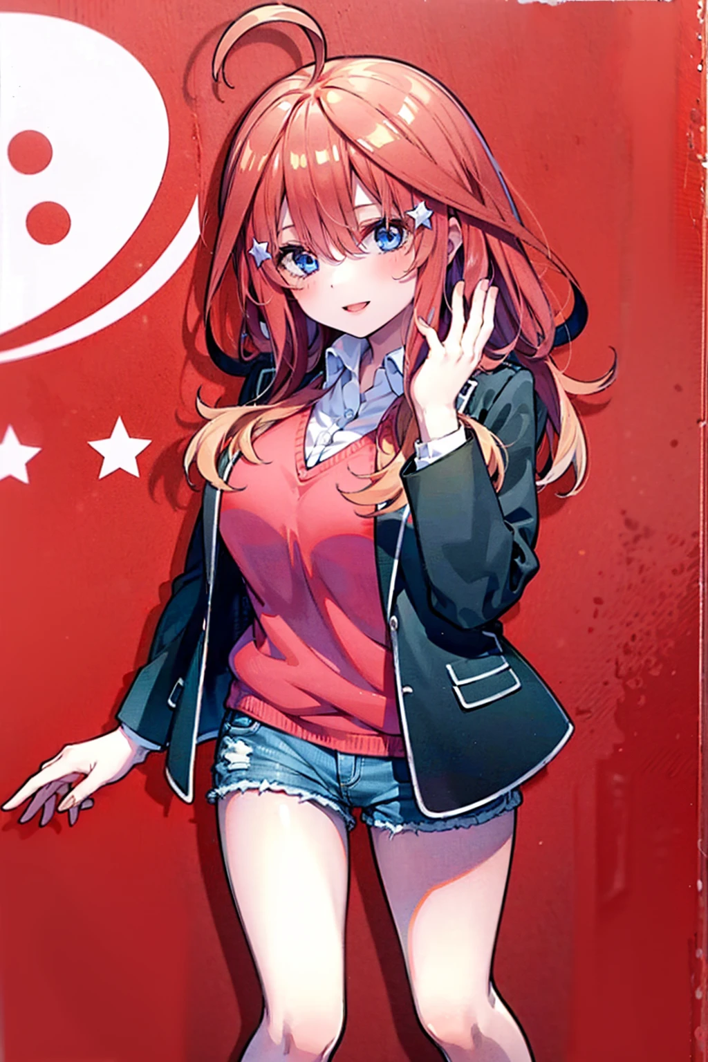 (8K, Highest quality, Highest quality, masterpiece), aaitsuki, long hair, ahoge, star hair ornament, (fullbody), smile, school uniform, blazer, black jacket, open jacket, red sweater, long sleeves, (denim hot shorts), (mini shorts), big breasts, (open legs)