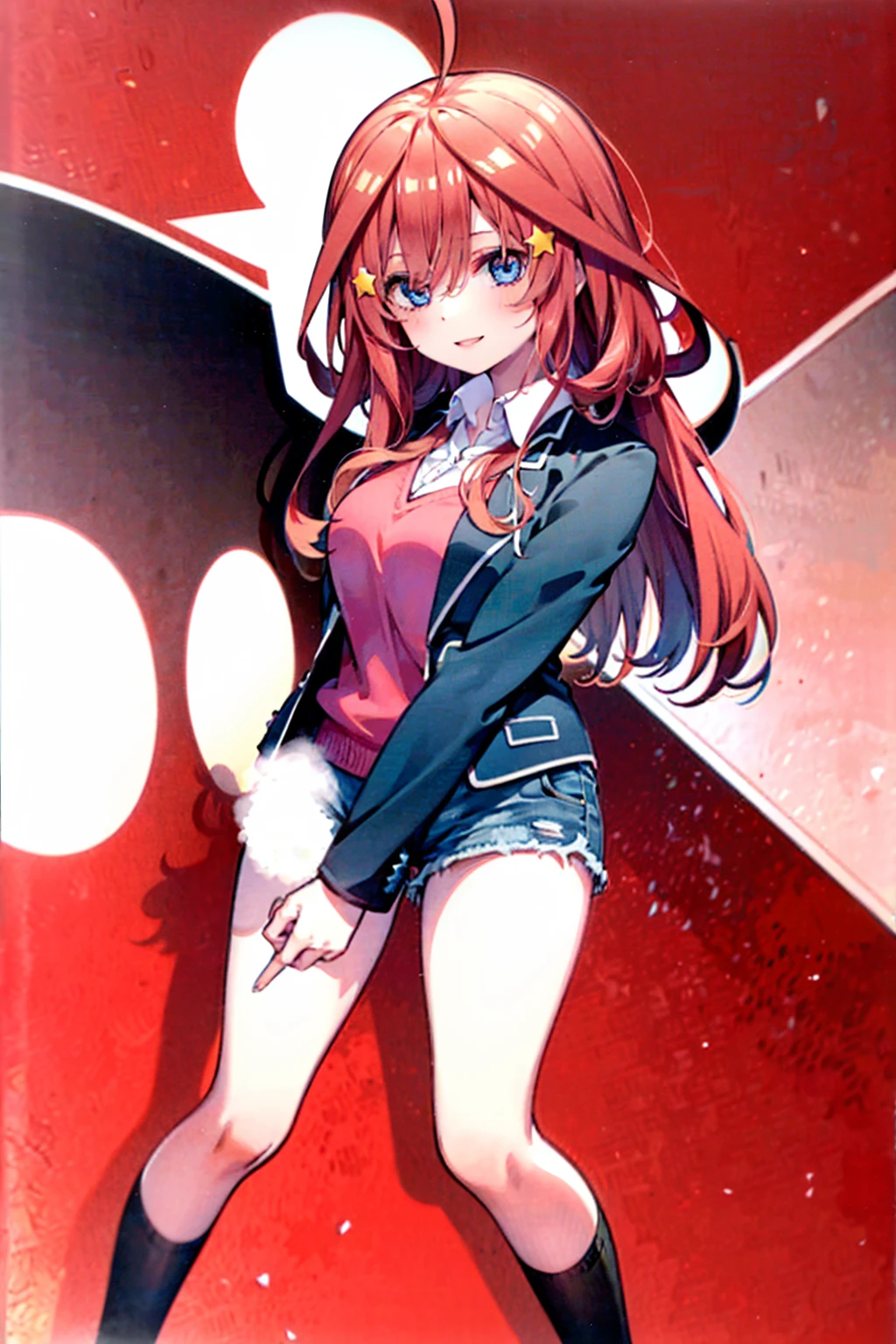 (8K, Highest quality, Highest quality, masterpiece), aaitsuki, long hair, ahoge, star hair ornament, (fullbody), smile, school uniform, blazer, black jacket, open jacket, red sweater, long sleeves, (denim hot shorts), (mini shorts), big breasts, (open legs)