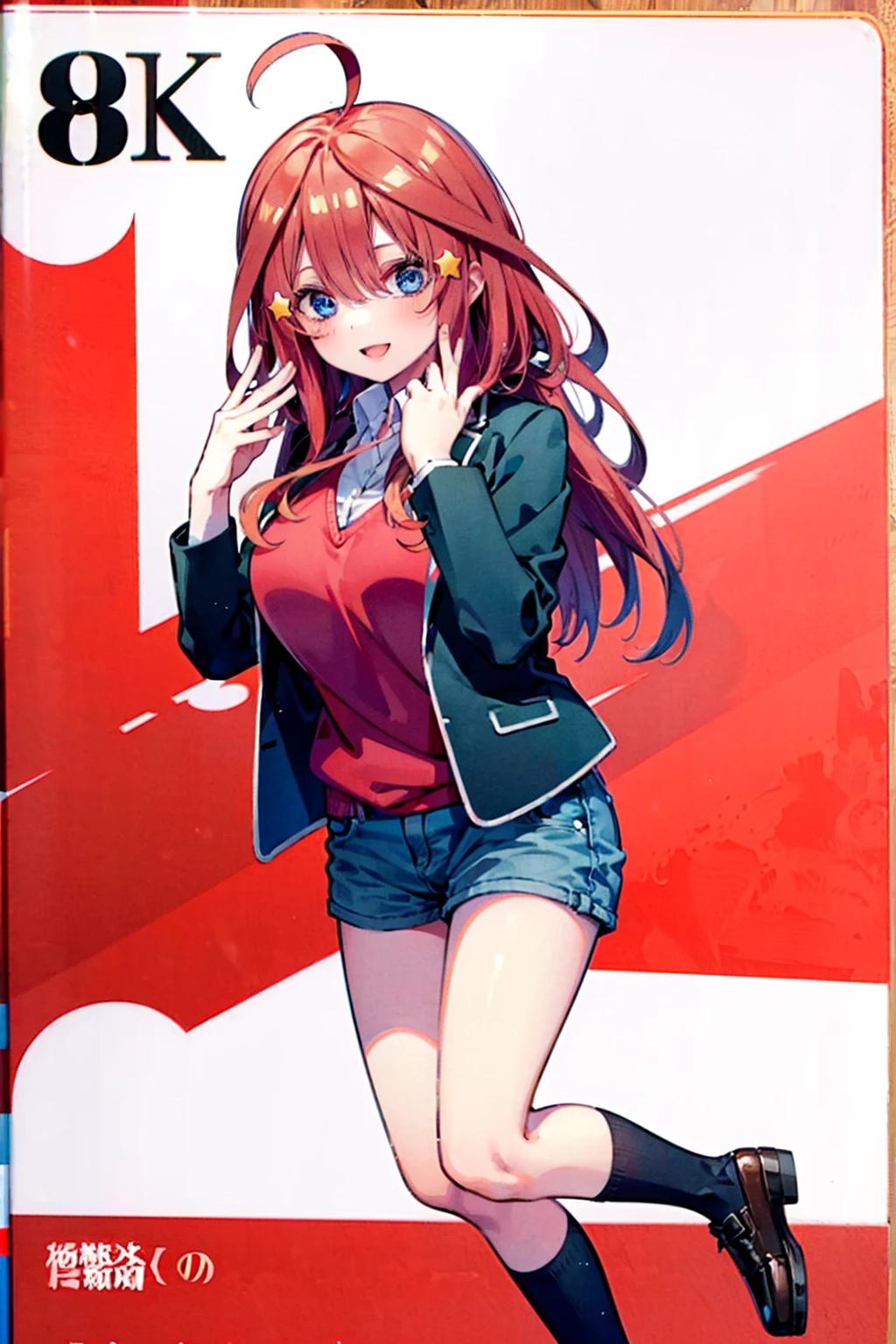 (8K, Highest quality, Highest quality, masterpiece), aaitsuki, long hair, ahoge, star hair ornament, (fullbody), smile, school uniform, blazer, black jacket, open jacket, red sweater, long sleeves, (denim hot shorts), (mini shorts), big breasts, (open legs)