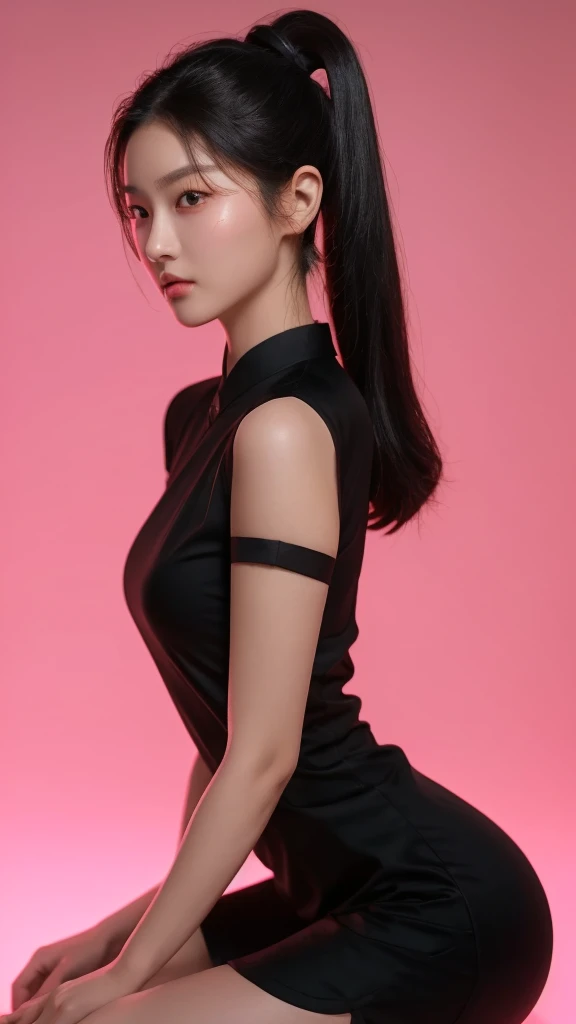 korean model , slim body , medium , 167cm ,Movie Angle,long black ponytails hairstyle, (Cute girl,anatomy correct, light pink chinese qipao with short sleeves,( art,geomerty),(plethora of colorest quality,high detail,tmasterpiece,Cinematic lighting effects,4K,Chiaroscuro )
