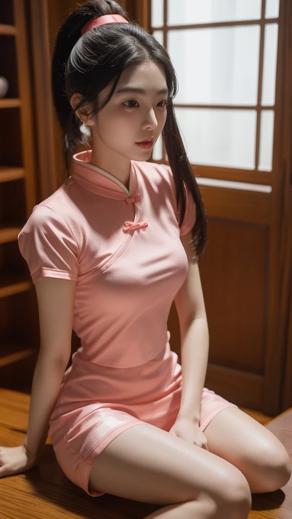 korean model , slim body , medium breasts, 167cm ，Movie Angle，long black ponytails hairstyle, （Cute girl，anatomy correct, light pink chinese qipao with short sleeves，（ art，geomerty），（plethora of colorest quality，high detail，tmasterpiece，Cinematic lighting effects，4K，Chiaroscuro )