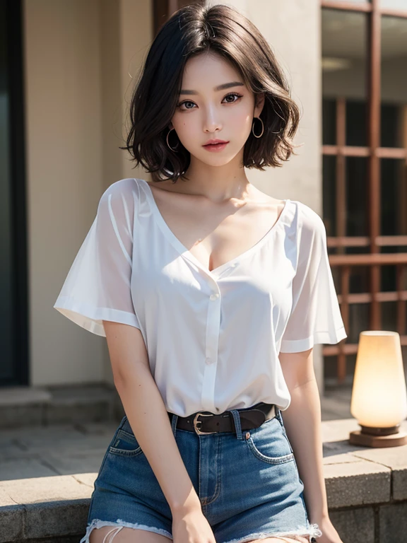 Mix 4, (8K, Live Shooting, Highest quality, masterpiece: 1.2), (Genuine, Realistic: 1.37), 一人のgirl, cute, night, rain, Wetty, Professional Lighting, Photon Mapping, Radio City, Physically Based Rendering, Gradient black hair, Gray Hair, Short Curly Hair, good looking, girl, Highest quality写真, High resolution, 1080P, (clear Face), (Detailed face description), (Detailed hand description), (masterpiece), (Exquisite CGI)、Extreme light and shadow、Disheveled Hair、masterpiece、Rich details、(Beautiful Faces)、(Highest qualityの写真)、(masterpiece)、(Fine grain)、Look in front of you、Collarbone Detail、((Mid-breasted))、Nipple erection、sexy、Lady、clear、Smooth Hair、clothes are not shiny、nightの砂浜、Short sleeve、Shorts、It's hot、Too much exposure、masutepiece, Best Quality, Illustration, Ultra-detailed, finely detail, hight resolution, 8K Wallpaper, Perfect dynamic composition, Beautiful detailed eyes, Mocha long sleeve knit dress,Straight hair,Small breasts natural color lip, Randomly sexy poses,Smile、 years girl、Cute、sexy shot looking at camera,Perfect and beautiful face