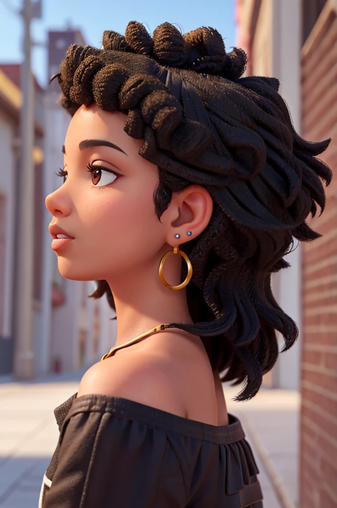 young, brown skin color, earrings, black curly hair