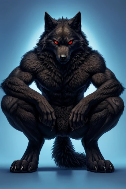 Perspective from below black wolf naked male furry legs apart looking down blue background squat pose red eyes serious look claws on knees fluffy tail scars