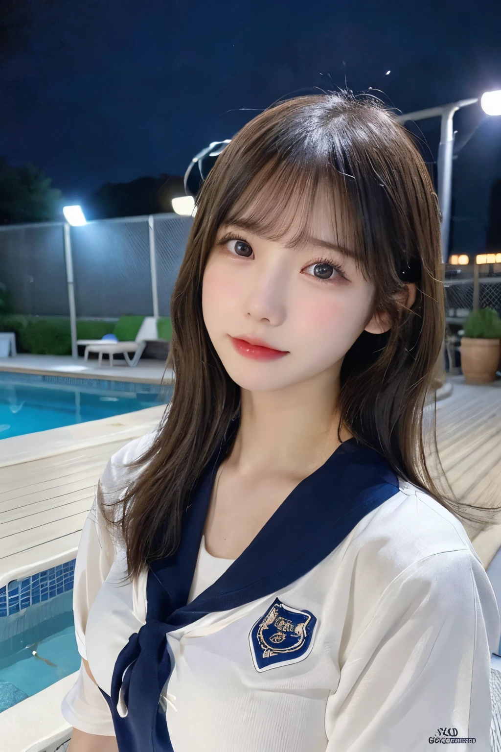 High school girls, Sailor suit,  Poolside, (Highest quality,masterpiece:1.3,Ultra-high resolution,),(Very detailed,Caustics),(Realistic:1.4,RAW shooting,)Ultra-Realistic Capture,Very detailed,High resolution 16K suitable for human skin、 Natural skin texture、、Skin tone is even and healthy looking、 Use natural light and color,One Woman,Japanese,,cute,Medium Hair,(Written boundary depth、chromatic aberration、、Wide range of lighting、Natural Shading、)、(Outdoor lighting at night:1.4)、(Hair swaying in the wind:1)、（Exposure:3.0）、Large Breasts、