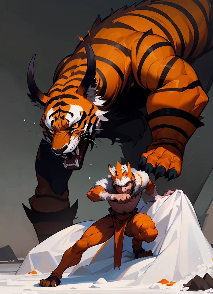 1Big orange royal tigerhuman, scarry, blood big claw, hunger, frozen blackground, stronger, animal, stand on to legs, big, old,snow cloth, lycan, fantasy