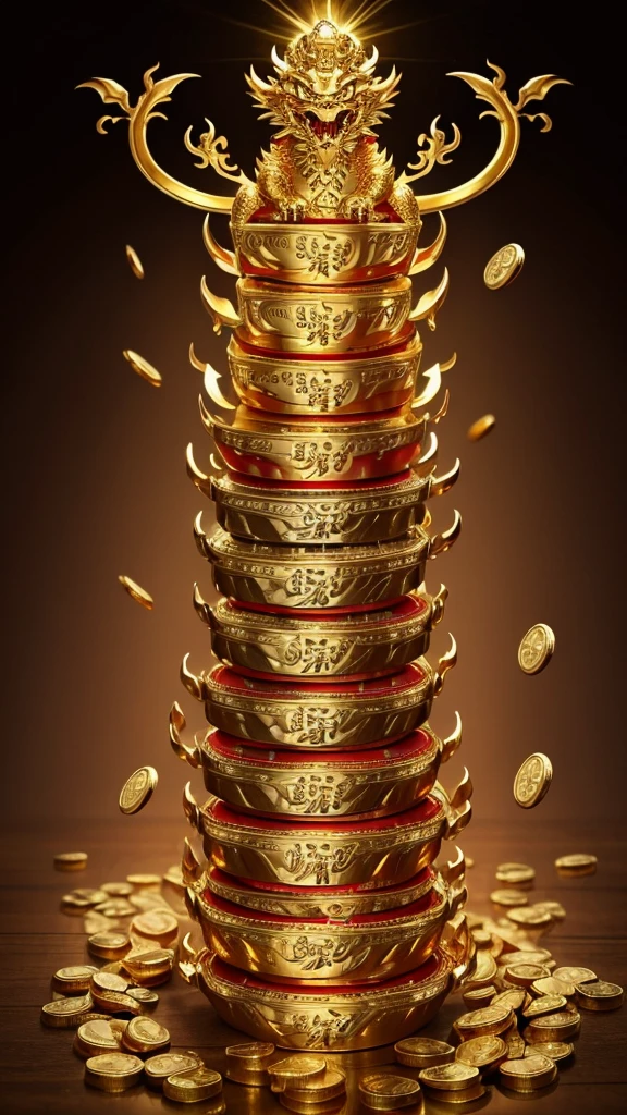 gold coins in mouth,Chinese dragon, five claws,Chinese dragon, five claws,Chinese dragon, five claws,on the pile of treasure,gold bars,gold coins,large amount of gold coins,whole body,light,divine,god,shining,light,divine,god,shining,shining,light,divine,god,shining