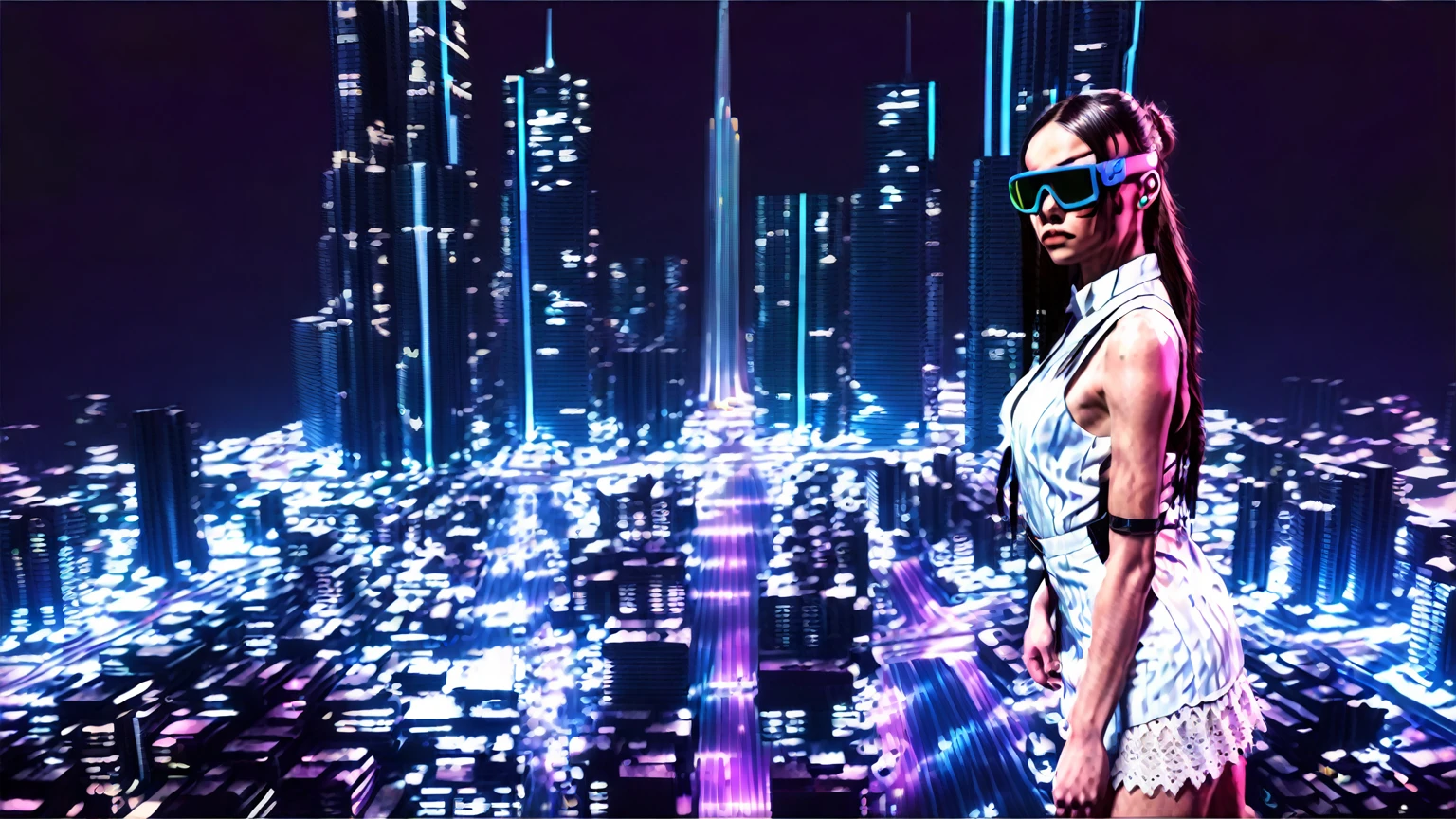 (((1woman, solo))), rainbow light, 3d neon art of a woman's body, cyberpunk femme fatale, seductive cyberpunk dark fantasy, cyberpunk 20 y. o (((large-breast:1.4))) model girl, (((with black miniskirt and white lace panty, with matrix style black micro sunglasses, long hair))), oppai cyberpunk, banner, high definition cgsociety, cgsociety masterpiece, trending on cgstation, kda, (((((aerial view))))) image of neon-noir cyberpunk city in the background.