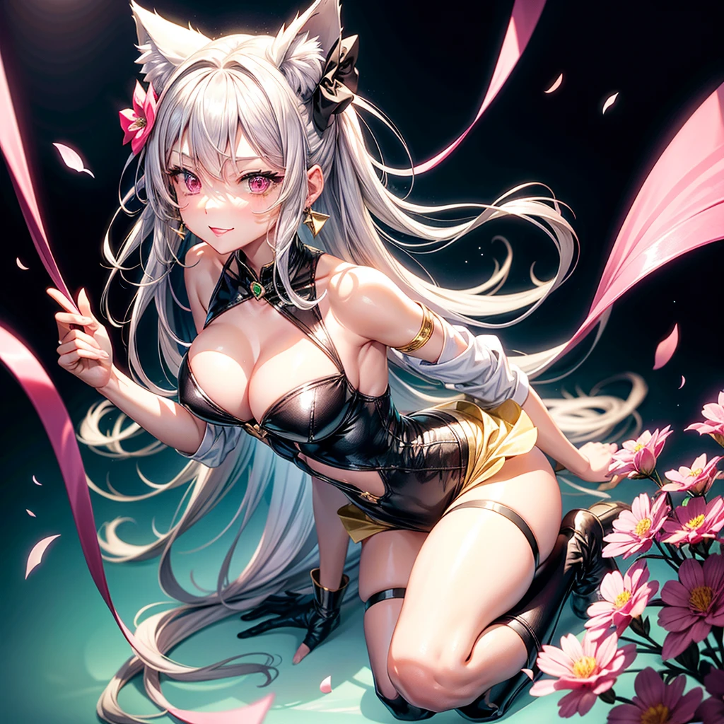 Silver hair, pink eyes, body, cat ears, sexy girl, earrings, flower sky background, green gold uniform, hair bows, bend over, happy face, full body
