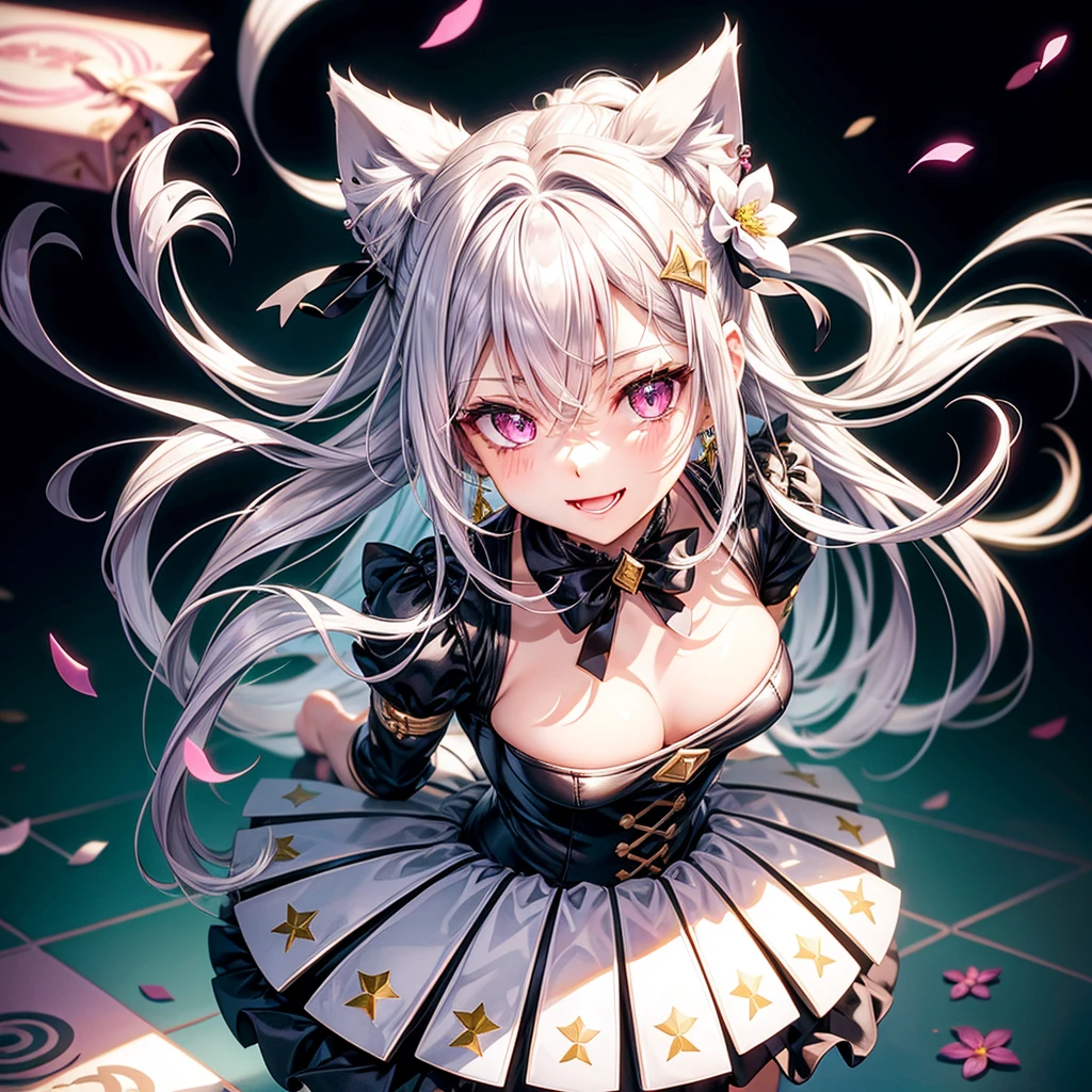 Silver hair, pink eyes, body, cat ears, sexy girl, earrings, flower sky background, green gold uniform, hair bows, bend over, happy face, full body
