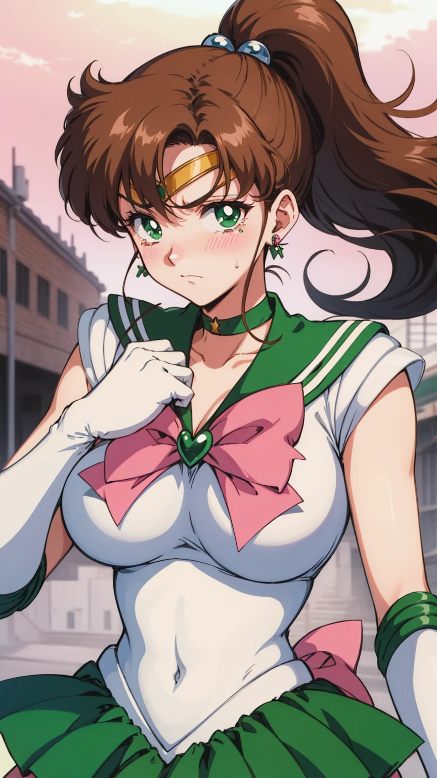 Highest quality, High resolution, 1990s \(style\), retro artstyle, 1990s anime cels style, Sailor Jupiter, Fighting, Sailor Warrior Uniform, Green sailor collar, White gloves, Green pleated skirt, Pink ribbon, ponytail, jewelry, Earrings、(Torn clothes、tits)、Dynamic、廃墟でFighting、Torture scene、Torture chamber、Tortured Woman、tears、blush、sad