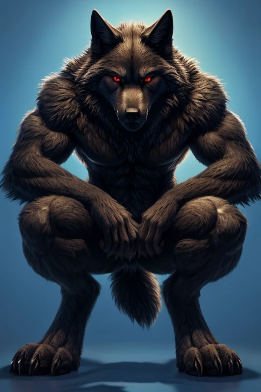 Perspective from below black wolf naked male furry legs apart looking down blue background squat pose red eyes serious look claws on knees fluffy tail scars