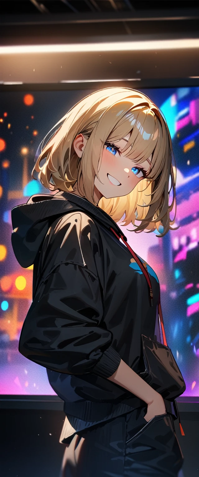 (((One girl))), Shibuya, blond hair, bob cut, (upper body), face in focus, (looking at viewer), breasts, teenager, head tilt:1.3, (((blue eye))), half-closed eyes, (from side), hand in pocket, ((happy smile)), black hoodie:1.3, black shorts:1.3, anime style, (best quality, 4k, 8k, highres, masterpiece:1.2, ultra-detailed, ultra-detailed eyes, HDR, UHD, studio lighting, ultra-fine painting, sharp focus, physically-based rendering, extreme detail description, professional, vivid colors, bokeh)