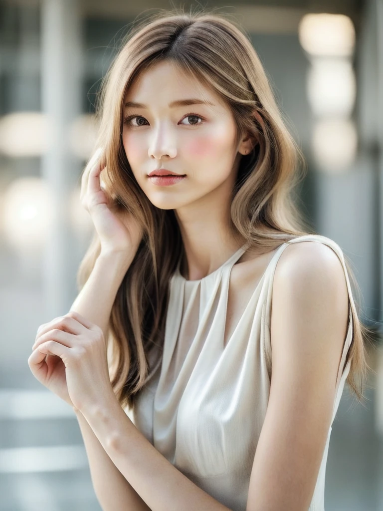 depth of field, lifelike, realistic, super detailed, beautiful, slender, cute, 30s, beautiful features, actress, mature, upper body, bright brown hair, thin hair, small face, live-action, highest quality, very elaborate CG Unity 8K wallpaper, ultra high resolution, natural fashion, lighting, medium hair, (puffy eyes), model figure, light on hair, turn around pose, Ash brown hair, model pose, studio shoot, white background, delicate skin type, light wavy hair close to straight hair, hands around the mouth, adult clothes, hair model shoot, hair fluttering in the wind, transparent hair, fine hair fineness, soft hair, fine skin, bright photo, less hair, angle of pull, professional lighting, realistic light, realistic shadow, natural light, soft light, beige hair, Hair length is short, hair is honey blonde color, skin color is natural beige tone skin tone, natural and light styling and makeup, hair should be wavy to express light movement, makeup should emphasize bright lips and eye-catching mascara, wear a slight pink dress in a simple and sophisticated style, Bright images that look like they were taken under natural sunlight