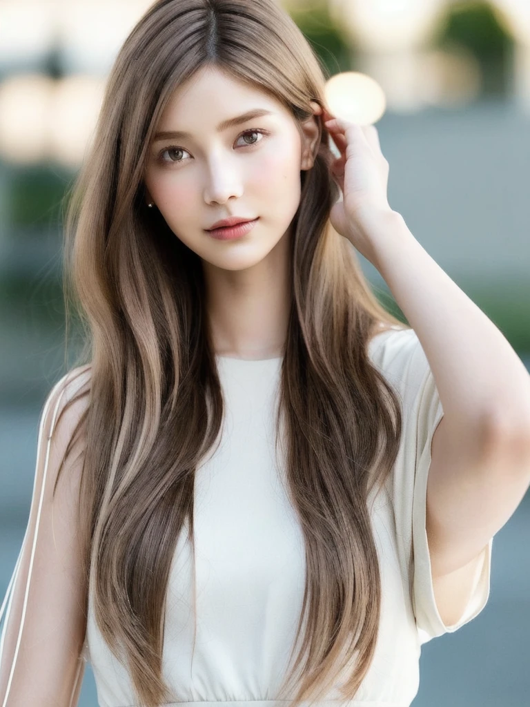 depth of field, lifelike, realistic, super detailed, beautiful, slender, cute, 30s, beautiful features, actress, mature, upper body, bright brown hair, thin hair, small face, live-action, highest quality, very elaborate CG Unity 8K wallpaper, ultra high resolution, natural fashion, lighting, medium hair, (puffy eyes), model figure, light on hair, turn around pose, Ash brown hair, model pose, studio shoot, white background, delicate skin type, light wavy hair close to straight hair, hands around the mouth, adult clothes, hair model shoot, hair fluttering in the wind, transparent hair, fine hair fineness, soft hair, fine skin, bright photo, less hair, angle of pull, professional lighting, realistic light, realistic shadow, natural light, soft light, beige hair, Hair length is short, hair is honey blonde color, skin color is natural beige tone skin tone, natural and light styling and makeup, hair should be wavy to express light movement, makeup should emphasize bright lips and eye-catching mascara, wear a slight pink dress in a simple and sophisticated style, Bright images that look like they were taken under natural sunlight