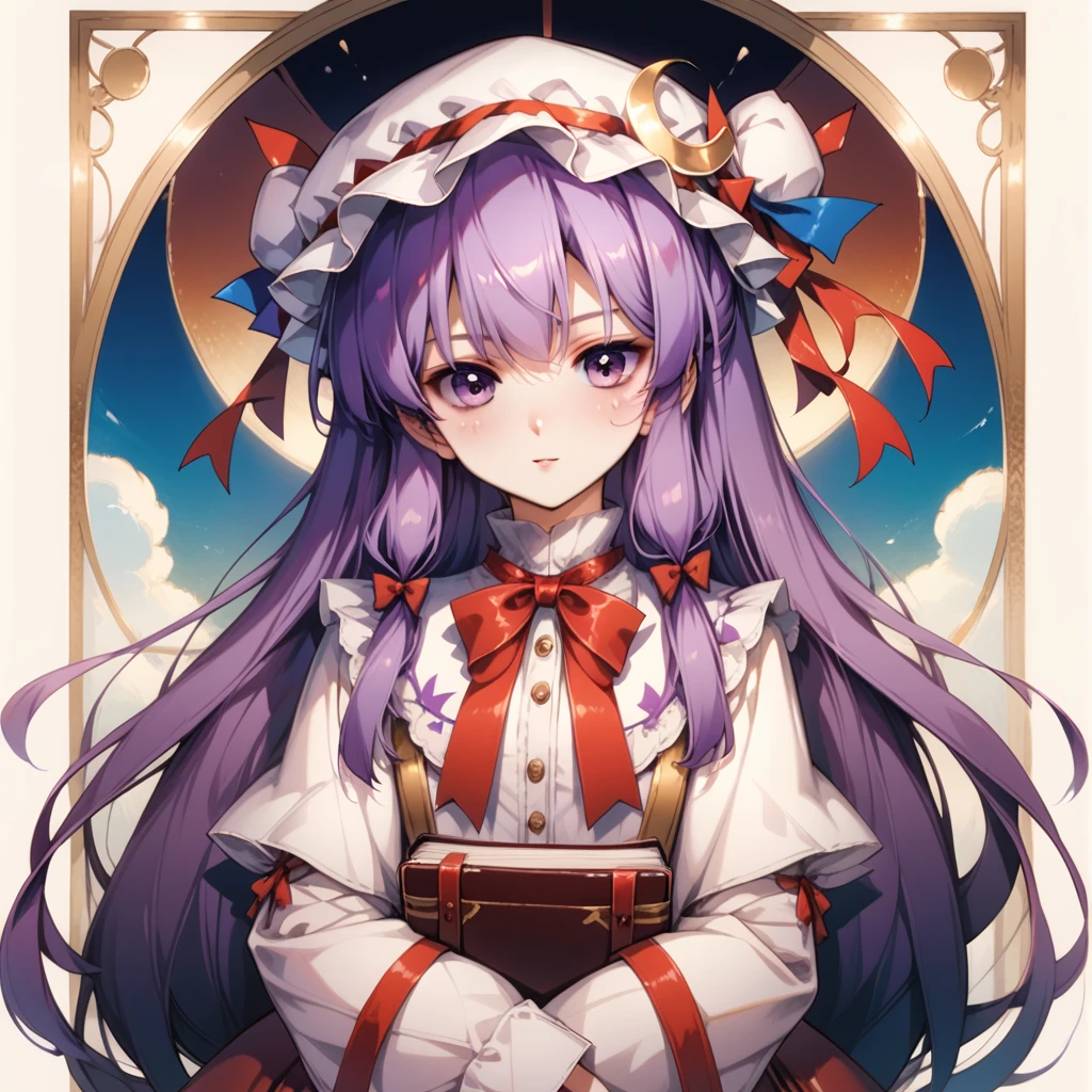 1 girl, alone, have, purple hair, long hair, Knowledge about patchouli, Mob hat, purple eyes, crescent, look at viewer, long sleeve, Holding, bow, set, have ornament, crescent have ornament, book, white set, ribbon, hair bow, Cowboy Shot, red bow, black bow, very long hair, smooth, chest, wide arms, แขนcourt, white hat, bowtie, streaks, red ribbon, court, stand, have ribbon, modified clothing, Holding book, Blush, fur trim, gag, buttons,score_9,score_8_climb, ribbons on her very long sidelock