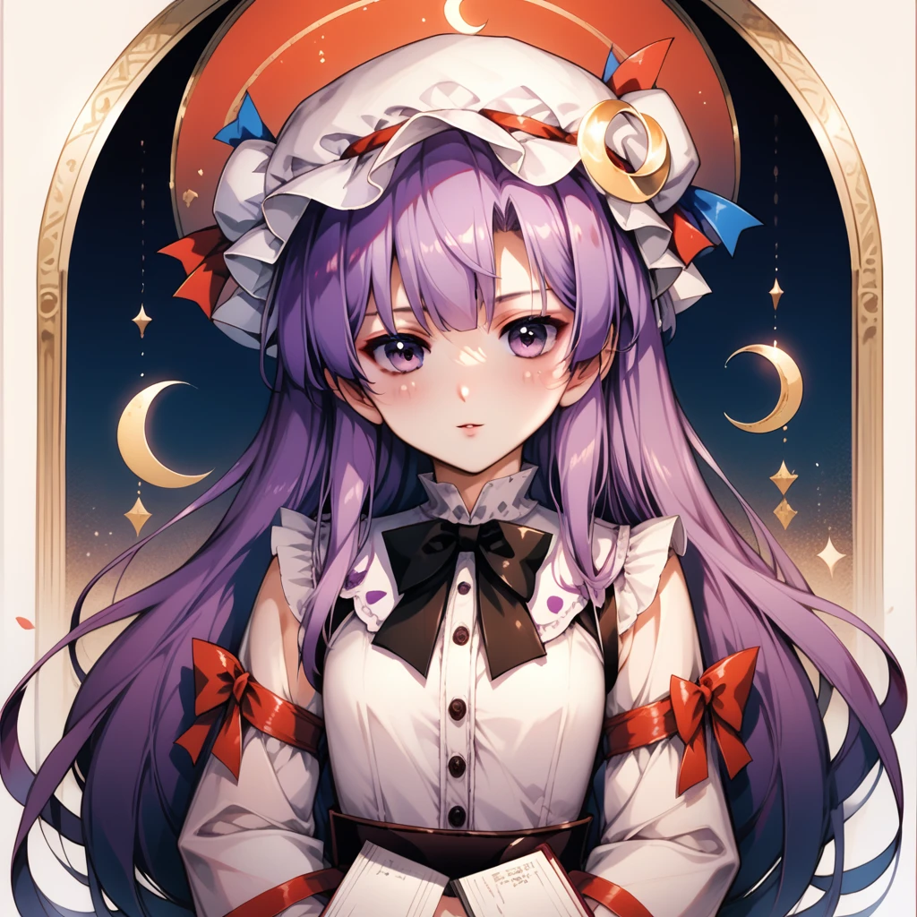 1 girl, alone, have, purple hair, long hair, Knowledge about patchouli, Mob hat, purple eyes, crescent, look at viewer, long sleeve, Holding, bow, set, have ornament, crescent have ornament, book, white set, ribbon, hair bow, Cowboy Shot, red bow, black bow, very long hair, smooth, chest, wide arms, แขนcourt, white hat, bowtie, streaks, red ribbon, court, stand, have ribbon, modified clothing, Holding book, Blush, fur trim, gag, buttons,score_9,score_8_climb, ribbons on her very long sidelock