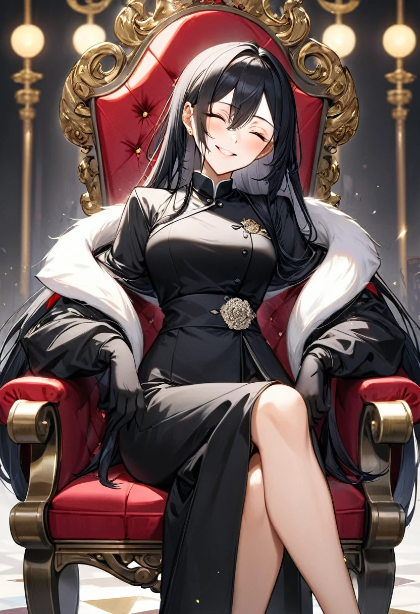Chinese、Long black hair、Mafia Female Boss、Both eyes closed、Black Chinese clothing、Late 30s、glamorous、Sitting on the throne、Smiling