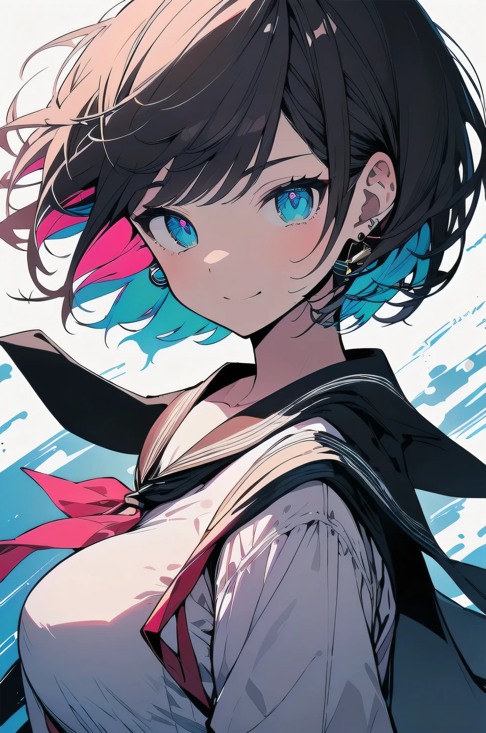(best quality), (Super detailed), (Best Illustration), (masterpiece), score_9, score_8_up, score_7_up, 4k, high contrast, upper body, (1woman), (solo:1.2),{(white serafuku)}, (large breasts:1.2), {brown hair, (sideburns), (bob cut:1.3), curly hair, hairs between eyes, colored inner hair}, {(detailed eyes), blue eyes}, earring, light smile, wind, (school:1.2),