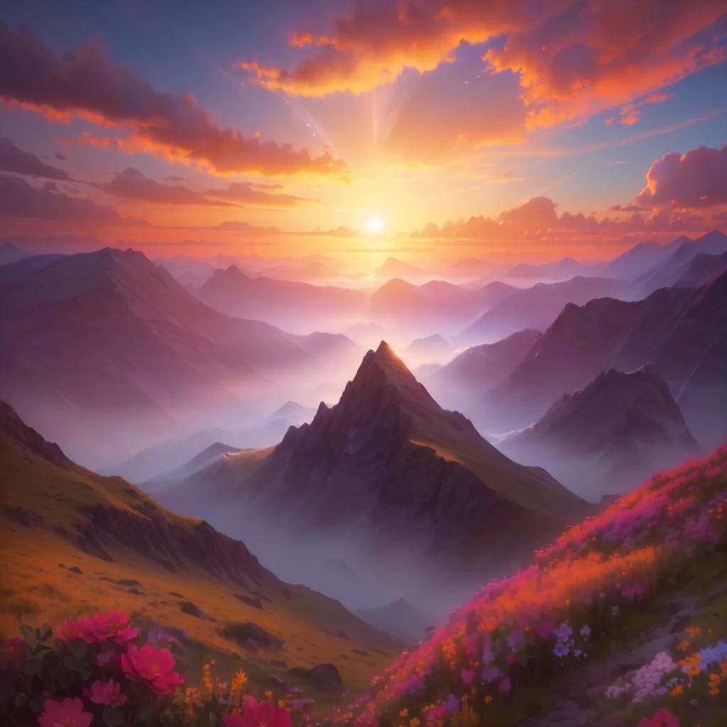 mountains with flowers and sunset in the background, Ryan Dyar, Mark Adams, an epic landscape, epic landscape, epic Beautiful landscape, mountain sunrise, epic sunrise, Celestial Landscape, the most Beautiful landscape, Magical landscape, Sylvain Sarail, 4k HD matte digital painting, Beautiful, Beautiful image, most epic landscape, epic natural light, Dreamy landscape