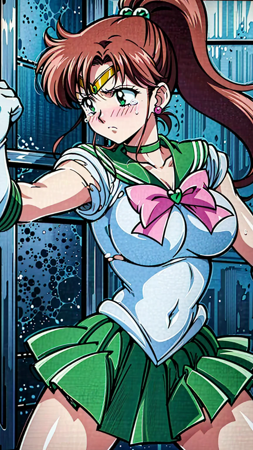 Highest quality, High resolution, 1990s \(style\), retro artstyle, 1990s anime cels style, Sailor Jupiter, Fighting, Sailor Warrior Uniform, Green sailor collar, White gloves, Green pleated skirt, Pink ribbon, ponytail, jewelry, Earrings、(Torn clothes、tits)、Dynamic、廃墟でFighting、Torture scene、Torture chamber、Tortured Woman、tears、blush、sad