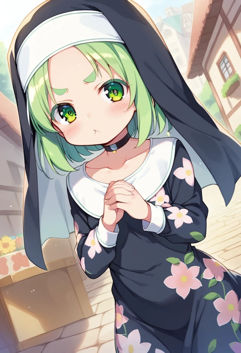 score_9, ,score_7_up, score_6_up, 1girl, source_cartoon, source_anime,breathtalking Scenery,watercolor,smooth soft skin, natural skin,mjm
BREAK
(loli:1.4),(little female child:1.4), small breast,cute face, (loli toddler:1.1), 6 yo,kawaii, (highlight on eyes), (jiggly:0.8), shiny skin,beautiful eyes, detailed eyes, puffy eyes,
BREAK
(medium green hair:1.3),(green maro eyebrows:1.6),pouty and slightly grumpy,(pout:1.2), ::(, (jitome),(frown:0.6),white streaked hair, green eyes,
BREAK
from behind, behind shot,(Floral print nun dress), (pastel veil:1.2),choker,nun,excessive detailed collarbone,exposed collarbone, dynamicangle,
BREAK
As the cultural festival unfolded, the picturesque setting of the old town, with its cobblestone streets and ancient architecture, seemed to transport us back in time