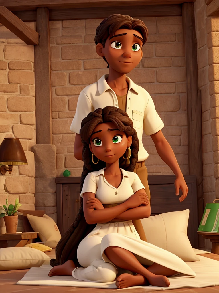 Joseph is an Italian with dark brown hair, he wears a basic white shirt and he is with Noemi, African woman with green eyes and braided hair, She is wearing a beige jumpsuit. they are lying on sheets and pillows kissing she is on top of him cartoon style