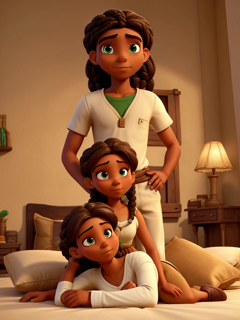 Joseph is an Italian with dark brown hair, he wears a basic white shirt and he is with Noemi, African woman with green eyes and braided hair, She is wearing a beige jumpsuit. they are lying on sheets and pillows kissing she is on top of him cartoon style