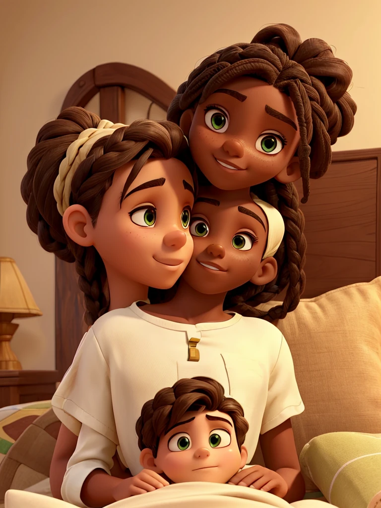 Joseph is an Italian with dark brown hair, he wears a basic white shirt and he is with Noemi, African woman with green eyes and braided hair, She is wearing a beige jumpsuit. they are lying on sheets and pillows kissing she is on top of him cartoon style