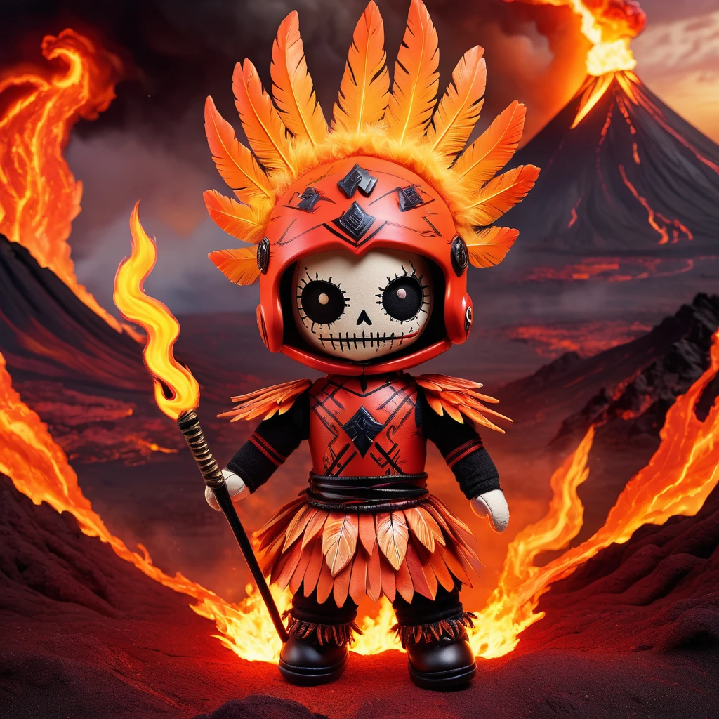 (knitted toy voodoo doll:1.7), (Voodoo Phoenix Guardian:1.3), (Clothing: flaming robes with phoenix patterns, ember-lined boots:1.0), (Accessories: phoenix feather staff, flame shield, phoenix-shaped helmet:1.2), (background: fiery landscape with lava flows and erupting volcanoes, rising phoenix in the background:1.2), best quality, masterpiece, detailed soft oil painting, detailed background, dramatic cinematic lighting, soft edge lighting, professional, dramatic lighting, hard edge lighting, ultra quality, 4k,masterpiece, best quality, 8k, ultra highres, highres, extremely detailed