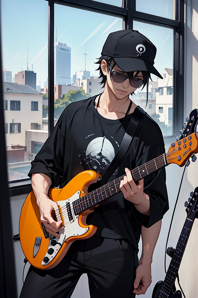 Male guitarist wearing all black, black t-shirt, black long pants, black sun glasses with a black cap and holding Black Stratocaster guitar, guitar pedalboard effect, in a studio room with a town view from the window, Hayao Miyazaki art style