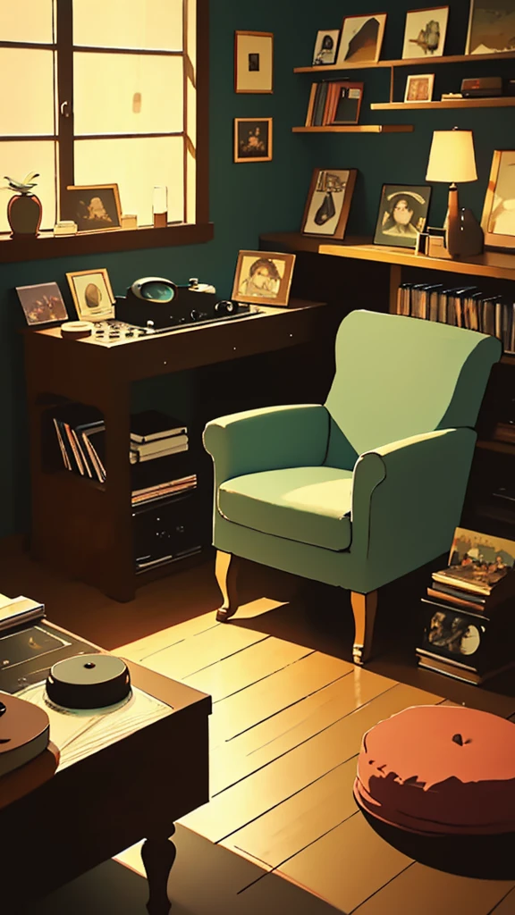 Create a cozy and serene scene perfect for lofi music listening. Imagine a small, dimly lit room with warm, soft lighting. The room has a comfortable armchair next to a window showing a rainy night outside. On a small table beside the chair, there's an old-fashioned record player with a vinyl spinning, producing soothing music. A cat is curled up on the armchair, and there are stacks of vinyl records and books scattered around. The overall color palette should be warm and muted, with soft edges and a dreamy, nostalgic feel.