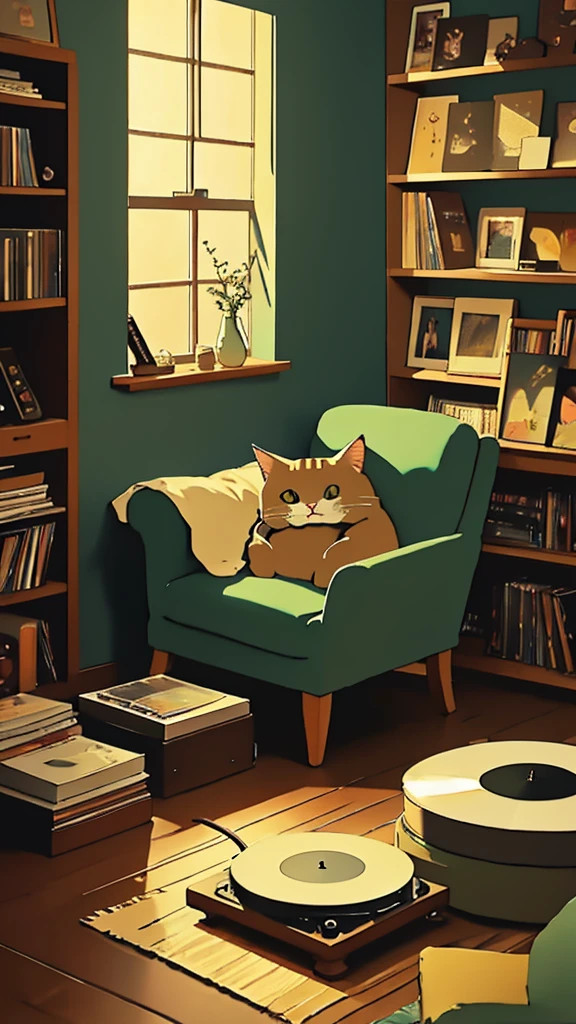 Create a cozy and serene scene perfect for lofi music listening. Imagine a small, dimly lit room with warm, soft lighting. The room has a comfortable armchair next to a window showing a rainy night outside. On a small table beside the chair, there's an old-fashioned record player with a vinyl spinning, producing soothing music. A cat is curled up on the armchair, and there are stacks of vinyl records and books scattered around. The overall color palette should be warm and muted, with soft edges and a dreamy, nostalgic feel.

