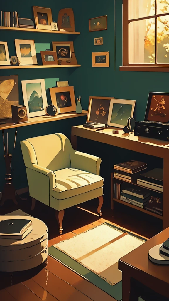 Create a cozy and serene scene perfect for lofi music listening. Imagine a small, dimly lit room with warm, soft lighting. The room has a comfortable armchair next to a window showing a rainy night outside. On a small table beside the chair, there's an old-fashioned record player with a vinyl spinning, producing soothing music. A cat is curled up on the armchair, and there are stacks of vinyl records and books scattered around. The overall color palette should be warm and muted, with soft edges and a dreamy, nostalgic feel.

