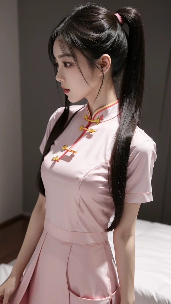 korean model , slim body , medium breasts, 167cm ,Movie Angle,long black ponytails hairstyle, (Cute girl,anatomy correct, light pink chinese qipao with short sleeves,( art,geomerty),(plethora of colorest quality,high detail,tmasterpiece,Cinematic lighting effects,4K,Chiaroscuro )